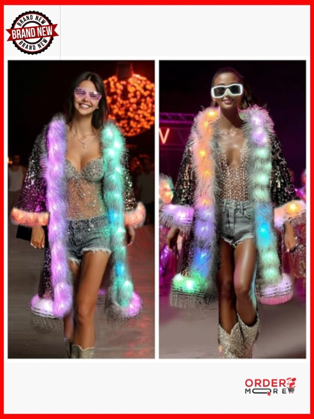 LED Light Up Sequin Coat Small Faux Fur Music Festival Party Jacket - Picture 2 of 7
